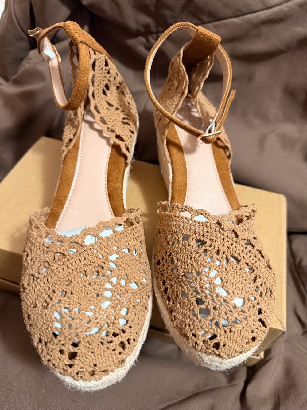 Womens Crochet Espadrille Wedge Sandals - Tan